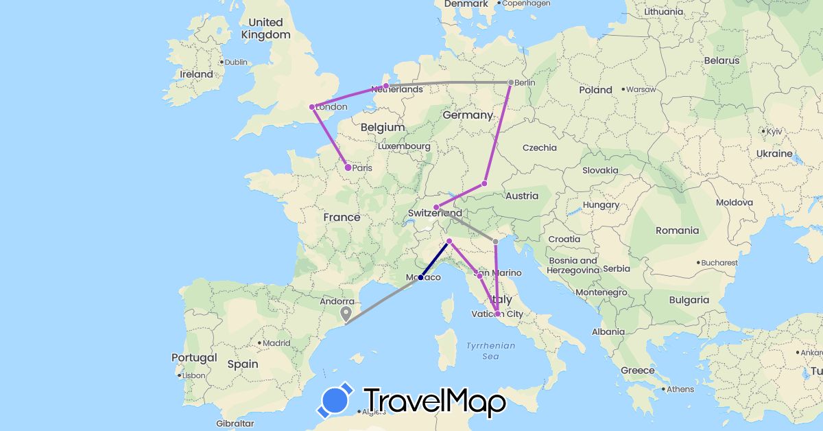 TravelMap itinerary: driving, plane, train in Switzerland, Germany, Spain, France, United Kingdom, Italy, Netherlands (Europe)